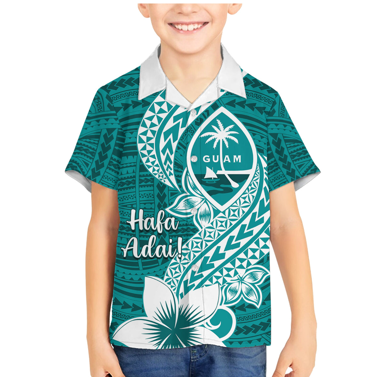 Hafa Adai Guam Family Matching Mermaid Dress and Hawaiian Shirt Polynesian Floral Teal Pattern LT01 Son's Shirt Teal - Polynesian Pride