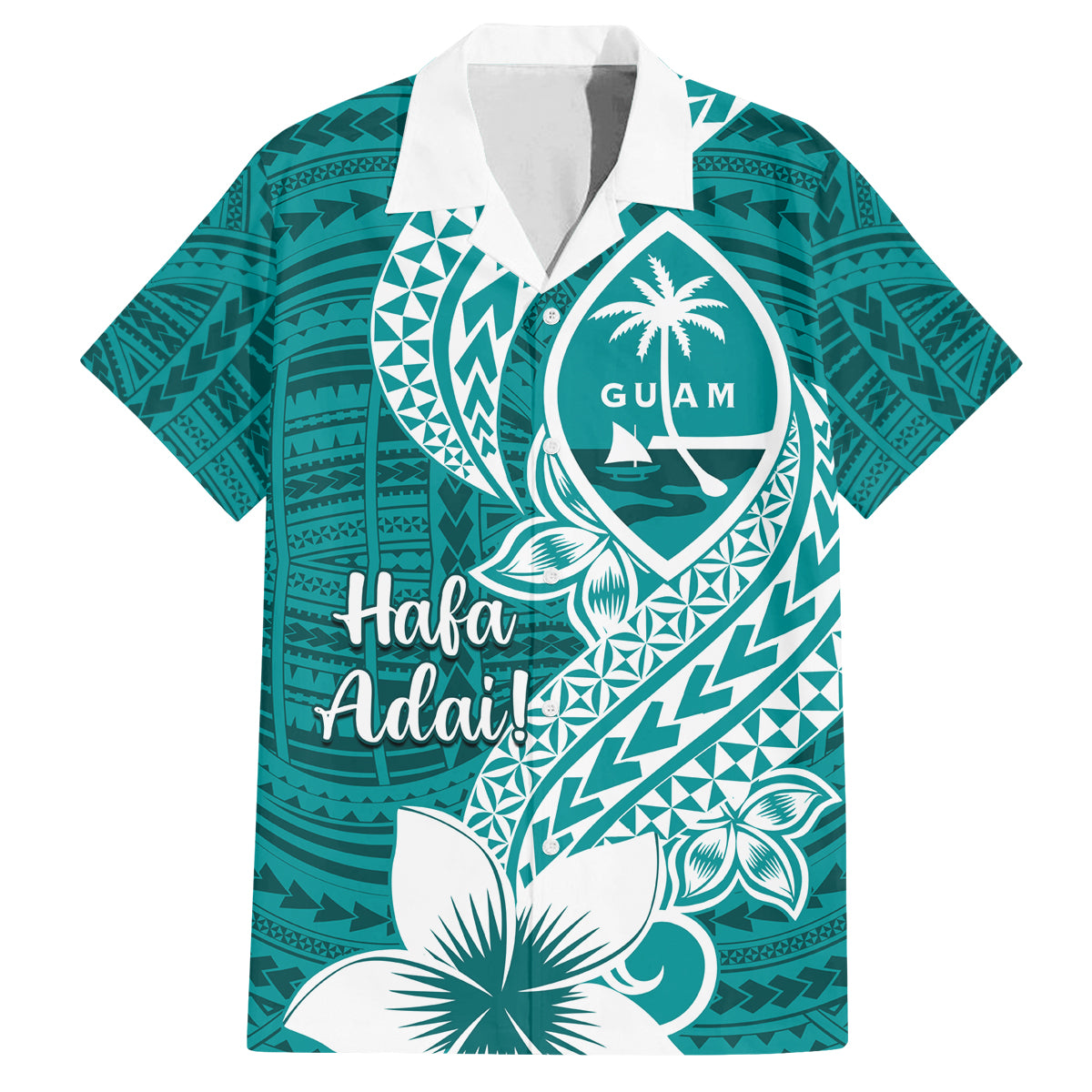 Hafa Adai Guam Family Matching Off Shoulder Short Dress and Hawaiian Shirt Polynesian Floral Teal Pattern LT01 Dad's Shirt - Short Sleeve Teal - Polynesian Pride