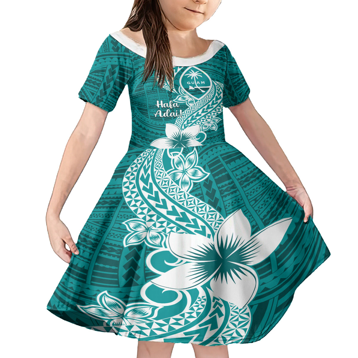 Hafa Adai Guam Kid Short Sleeve Dress Polynesian Floral Teal Pattern LT01 KID Teal - Polynesian Pride