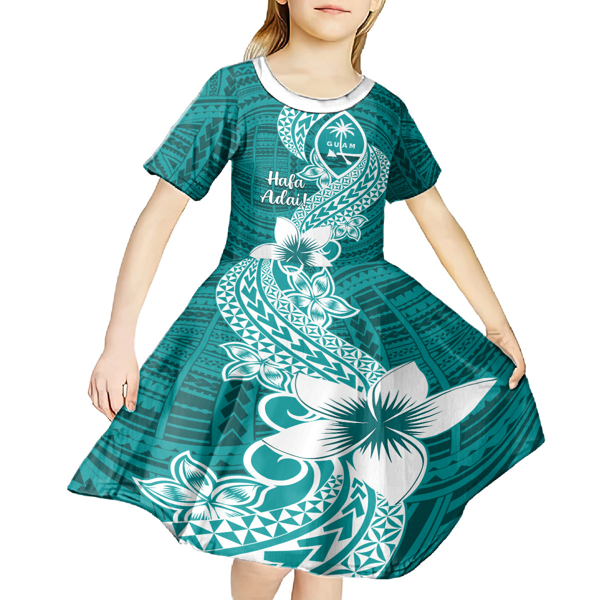Hafa Adai Guam Kid Short Sleeve Dress Polynesian Floral Teal Pattern LT01 - Polynesian Pride