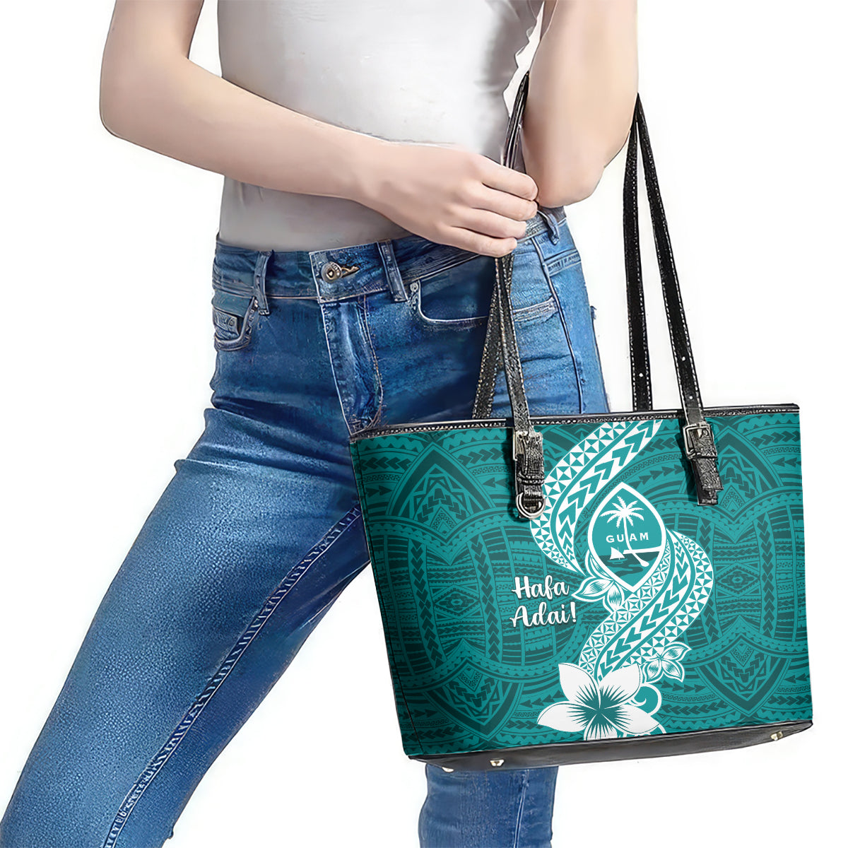 Hafa Adai Guam Leather Tote Bag Polynesian Floral Teal Pattern LT01 - Polynesian Pride