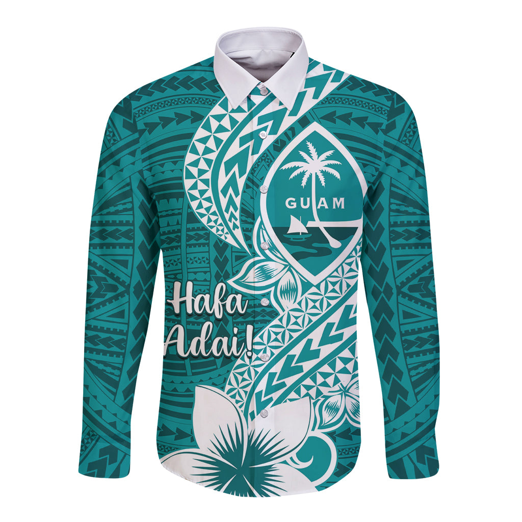 Hafa Adai Guam Long Sleeve Button Shirt Polynesian Floral Teal Pattern LT01 Unisex Teal - Polynesian Pride
