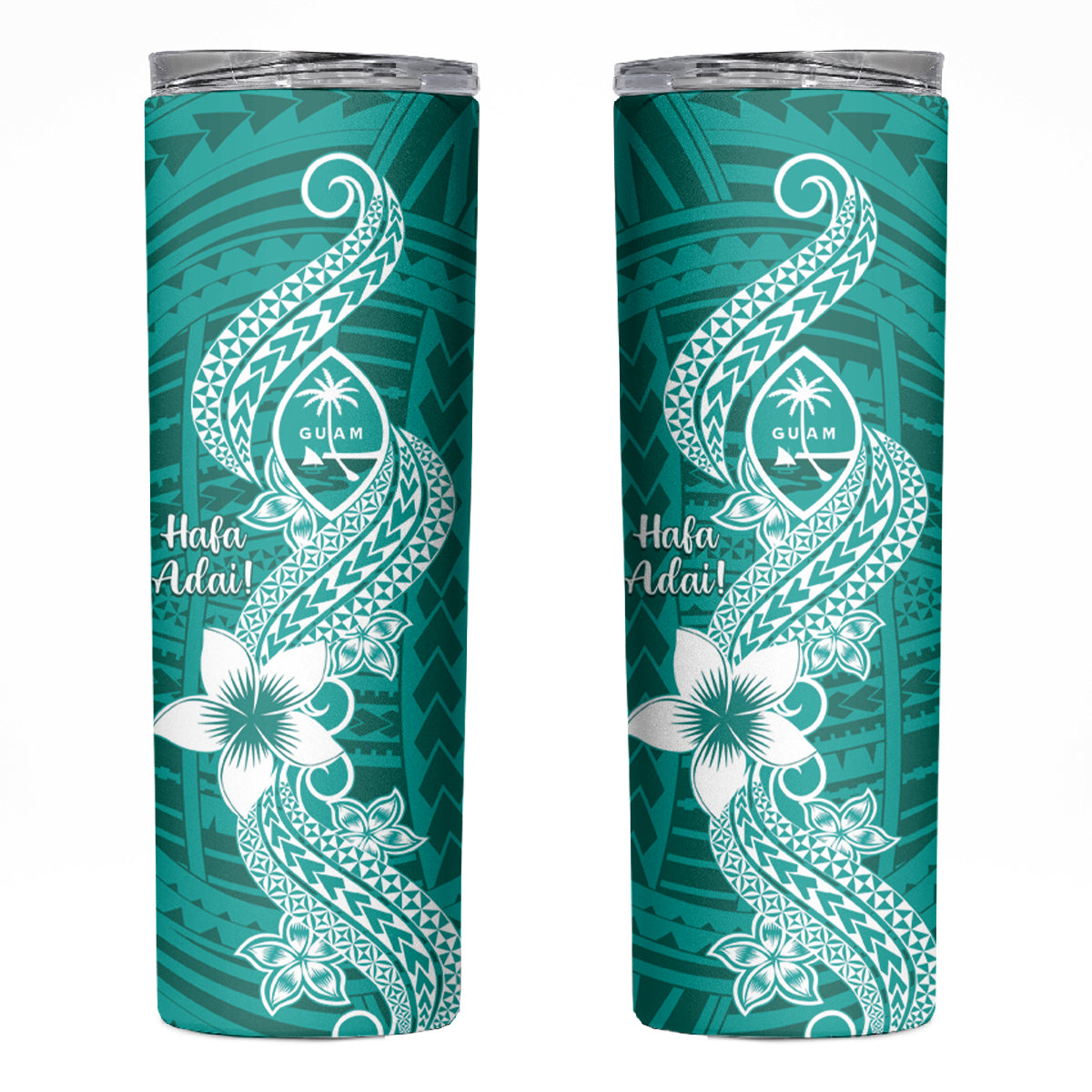 Hafa Adai Guam Skinny Tumbler Polynesian Floral Teal Pattern