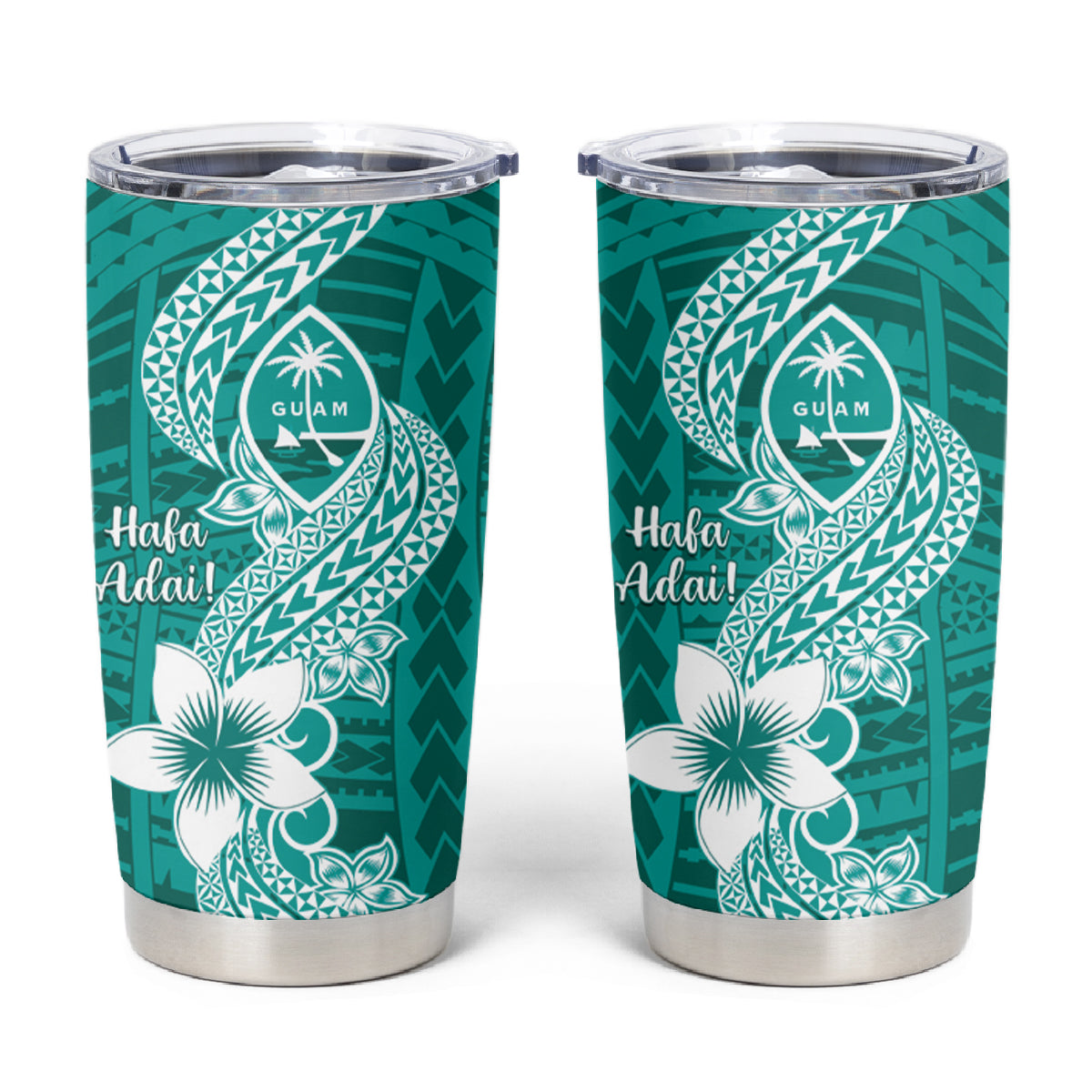 Hafa Adai Guam Tumbler Cup Polynesian Floral Teal Pattern