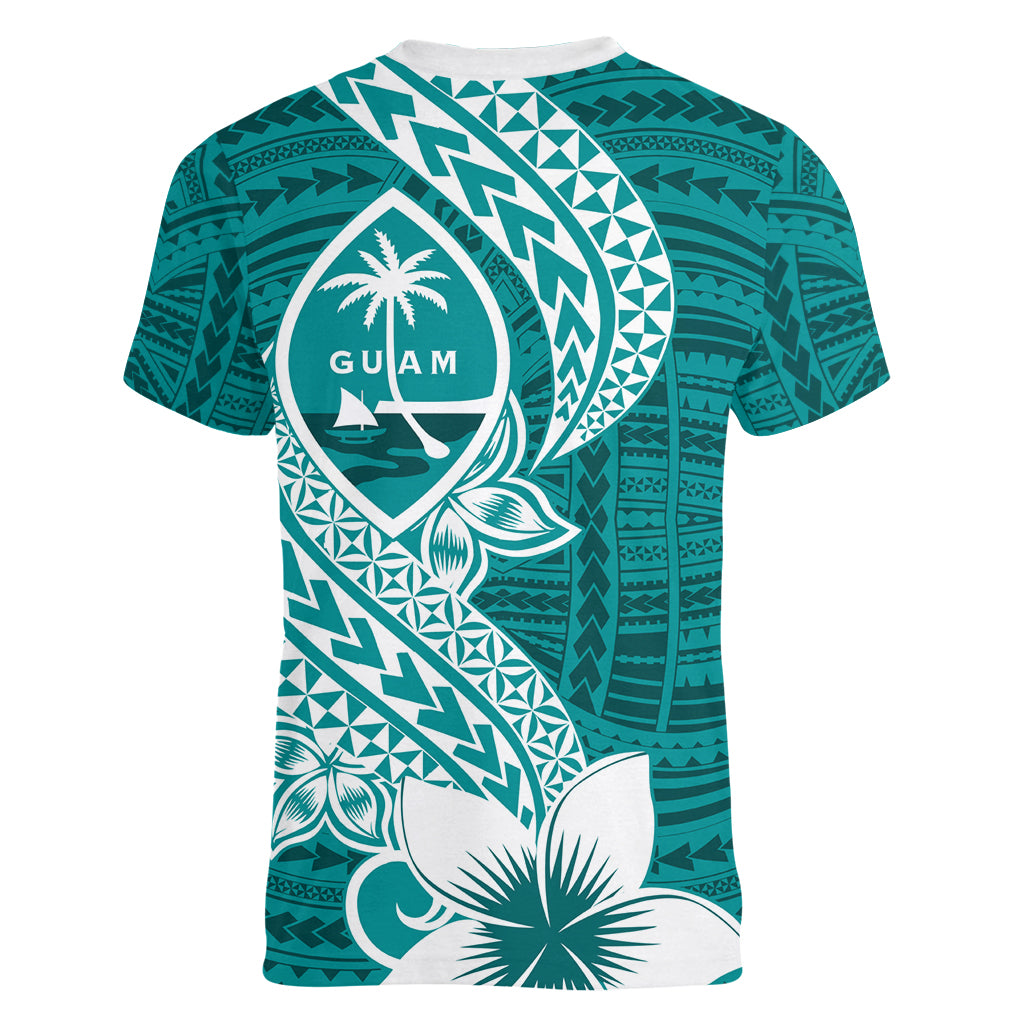 Hafa Adai Guam Women V Neck T Shirt Polynesian Floral Teal Pattern LT01 - Polynesian Pride