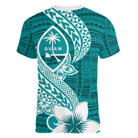 Hafa Adai Guam Women V Neck T Shirt Polynesian Floral Teal Pattern LT01 - Polynesian Pride