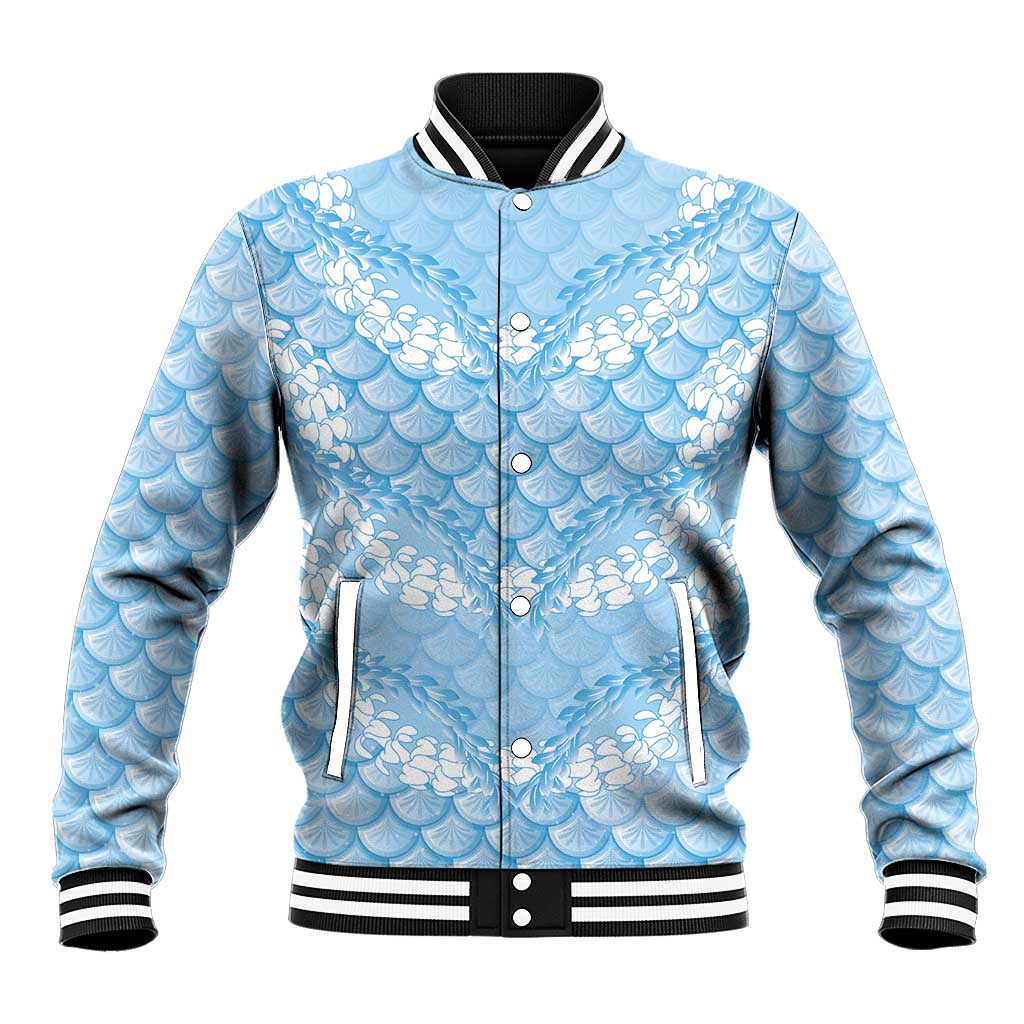 Baby Blue Mermaid Puakenikeni Maile Lei Baseball Jacket