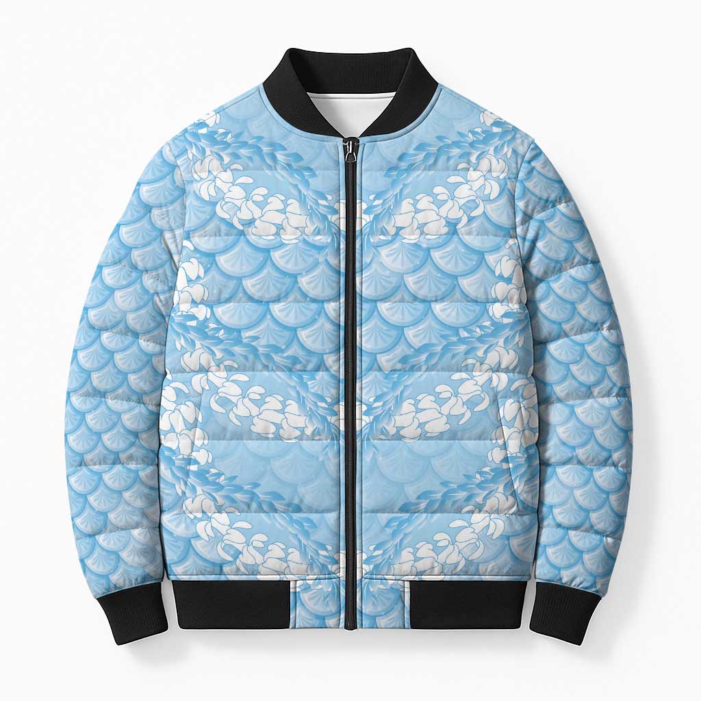 Baby Blue Mermaid Puakenikeni Maile Lei Bomber Puffer Jacket