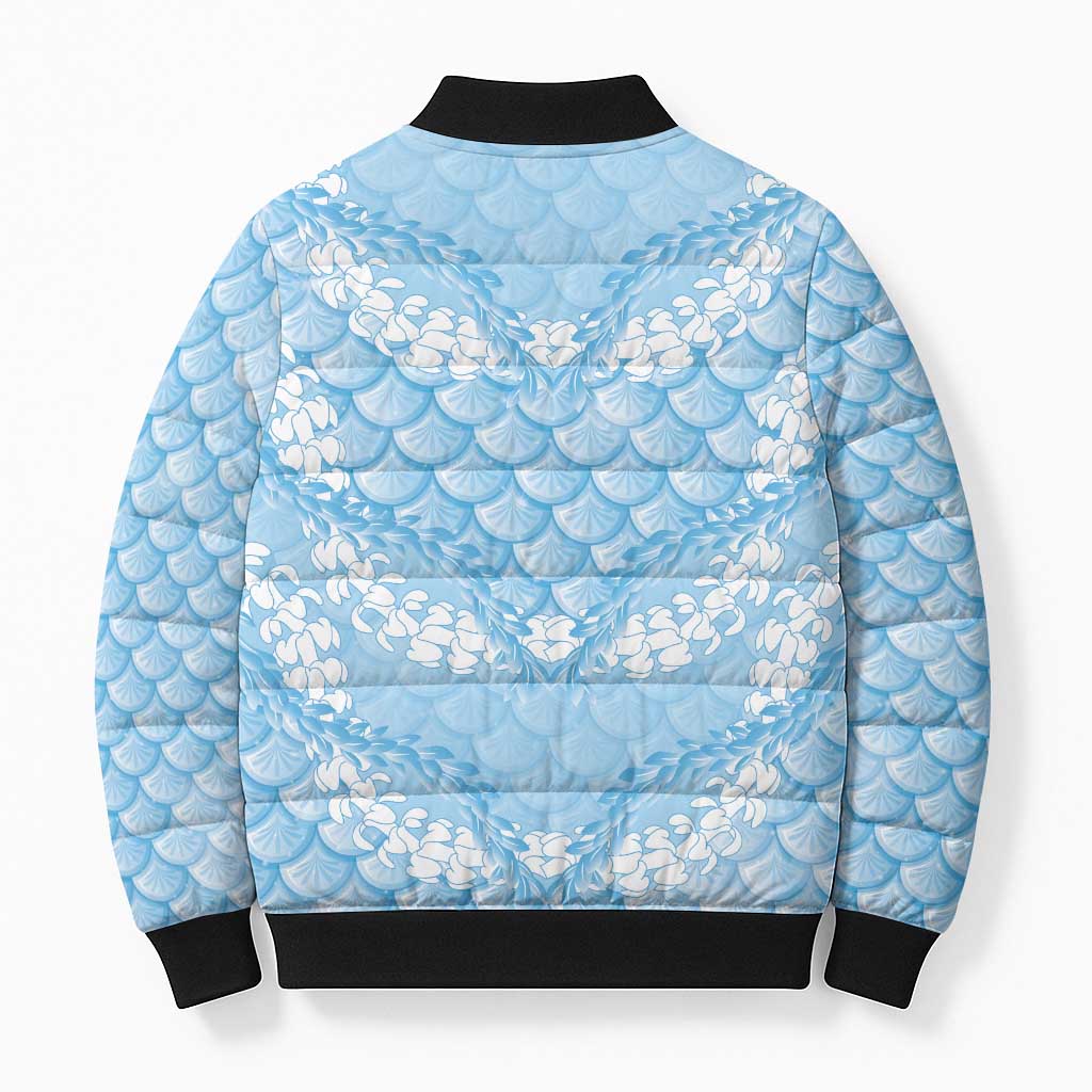 Baby Blue Mermaid Puakenikeni Maile Lei Bomber Puffer Jacket