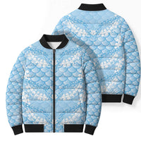 Baby Blue Mermaid Puakenikeni Maile Lei Bomber Puffer Jacket