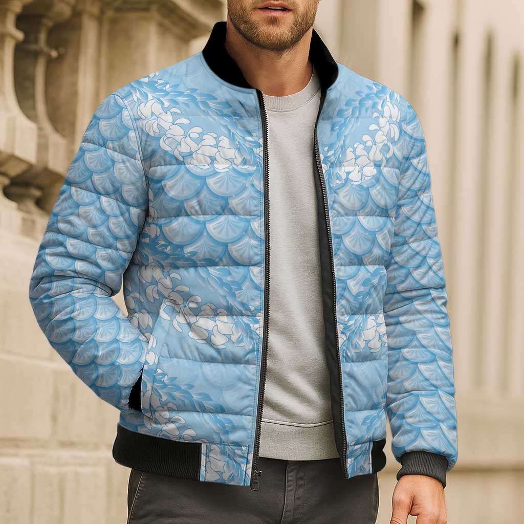 Baby Blue Mermaid Puakenikeni Maile Lei Bomber Puffer Jacket