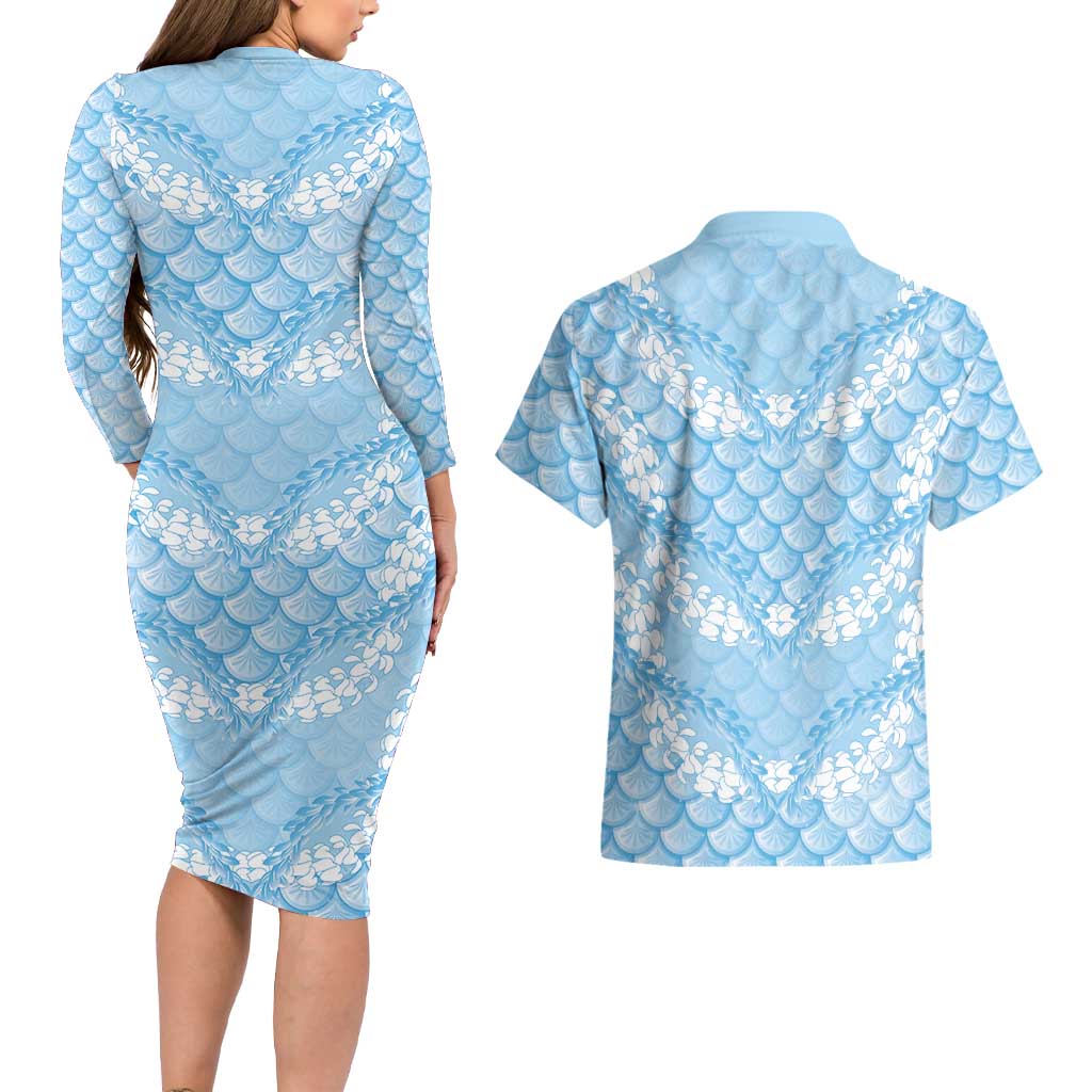 Baby Blue Mermaid Puakenikeni Maile Lei Couples Matching Long Sleeve Bodycon Dress and Hawaiian Shirt