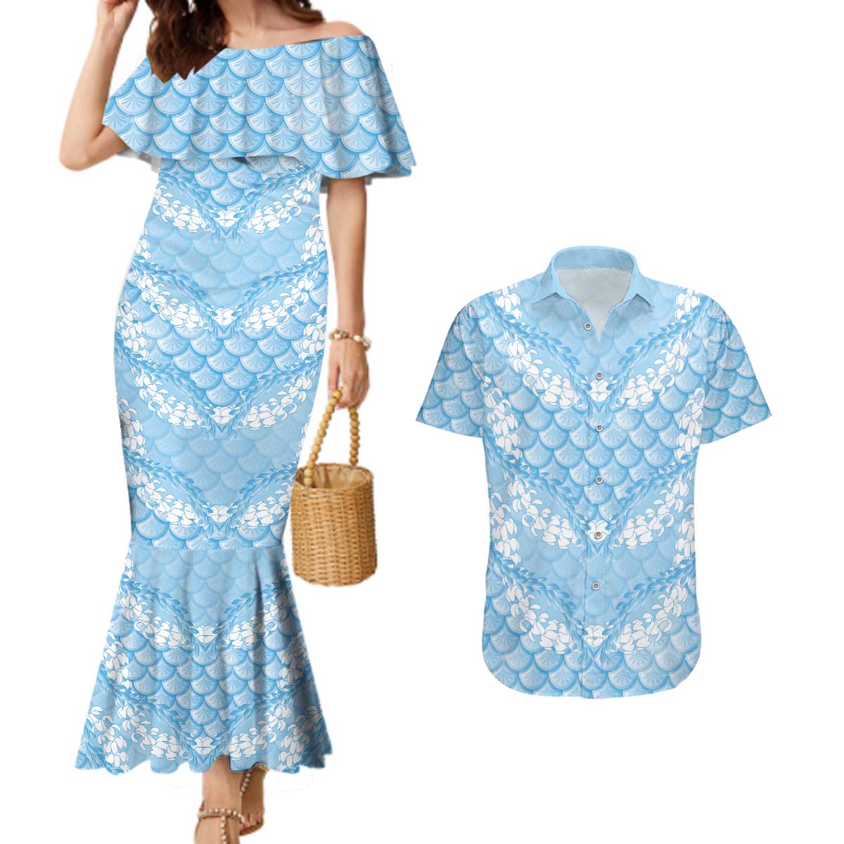 Baby Blue Mermaid Puakenikeni Maile Lei Couples Matching Mermaid Dress and Hawaiian Shirt