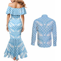 Baby Blue Mermaid Puakenikeni Maile Lei Couples Matching Mermaid Dress and Long Sleeve Button Shirt LT01 - Polynesian Pride