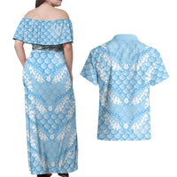 Baby Blue Mermaid Puakenikeni Maile Lei Couples Matching Off Shoulder Maxi Dress and Hawaiian Shirt