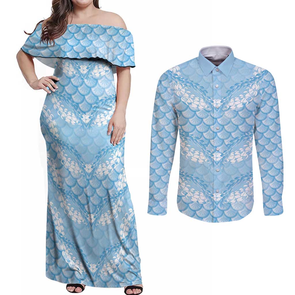 Baby Blue Mermaid Puakenikeni Maile Lei Couples Matching Off Shoulder Maxi Dress and Long Sleeve Button Shirt