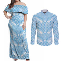 Baby Blue Mermaid Puakenikeni Maile Lei Couples Matching Off Shoulder Maxi Dress and Long Sleeve Button Shirt LT01 Blue - Polynesian Pride