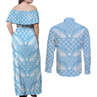 Baby Blue Mermaid Puakenikeni Maile Lei Couples Matching Off Shoulder Maxi Dress and Long Sleeve Button Shirt LT01 - Polynesian Pride