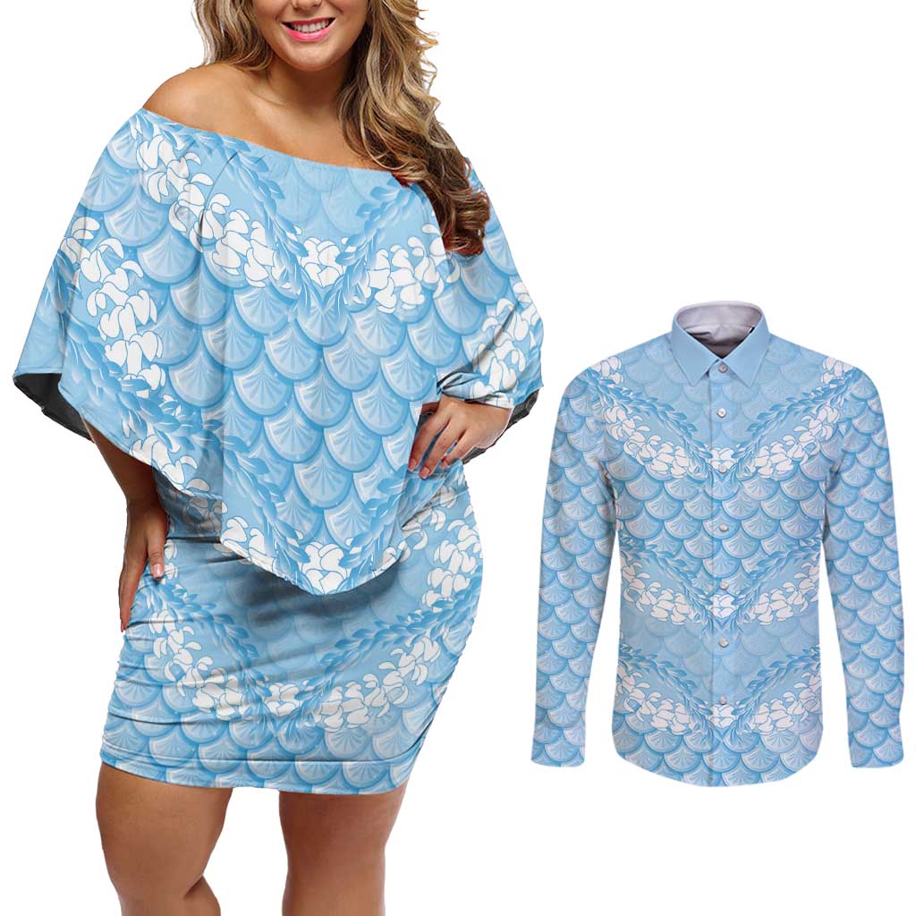 Baby Blue Mermaid Puakenikeni Maile Lei Couples Matching Off Shoulder Short Dress and Long Sleeve Button Shirt LT01 Blue - Polynesian Pride
