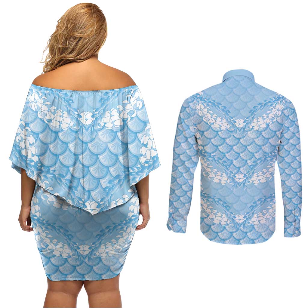 Baby Blue Mermaid Puakenikeni Maile Lei Couples Matching Off Shoulder Short Dress and Long Sleeve Button Shirt LT01 - Polynesian Pride