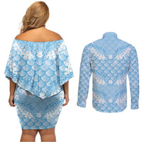 Baby Blue Mermaid Puakenikeni Maile Lei Couples Matching Off Shoulder Short Dress and Long Sleeve Button Shirt LT01 - Polynesian Pride