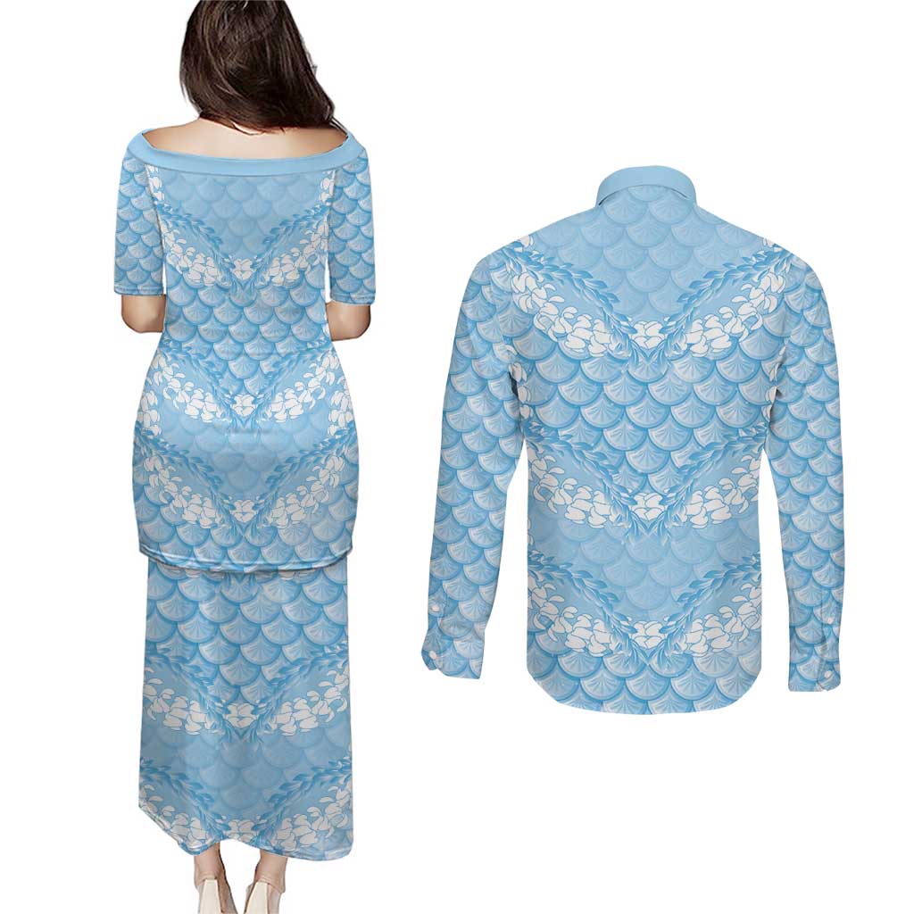 Baby Blue Mermaid Puakenikeni Maile Lei Couples Matching Puletasi and Long Sleeve Button Shirt LT01 - Polynesian Pride