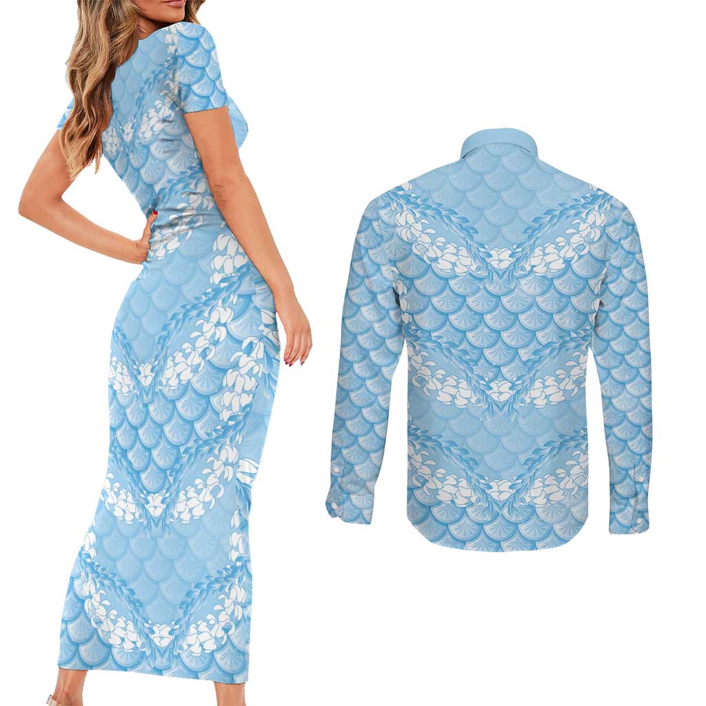 Baby Blue Mermaid Puakenikeni Maile Lei Couples Matching Short Sleeve Bodycon Dress and Long Sleeve Button Shirt