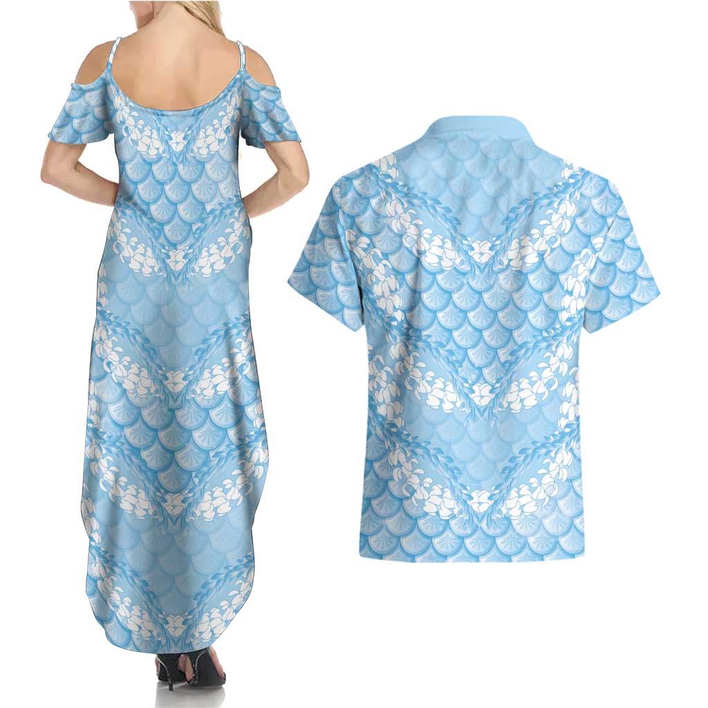 Baby Blue Mermaid Puakenikeni Maile Lei Couples Matching Summer Maxi Dress and Hawaiian Shirt