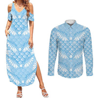 Baby Blue Mermaid Puakenikeni Maile Lei Couples Matching Summer Maxi Dress and Long Sleeve Button Shirt LT01 Blue - Polynesian Pride