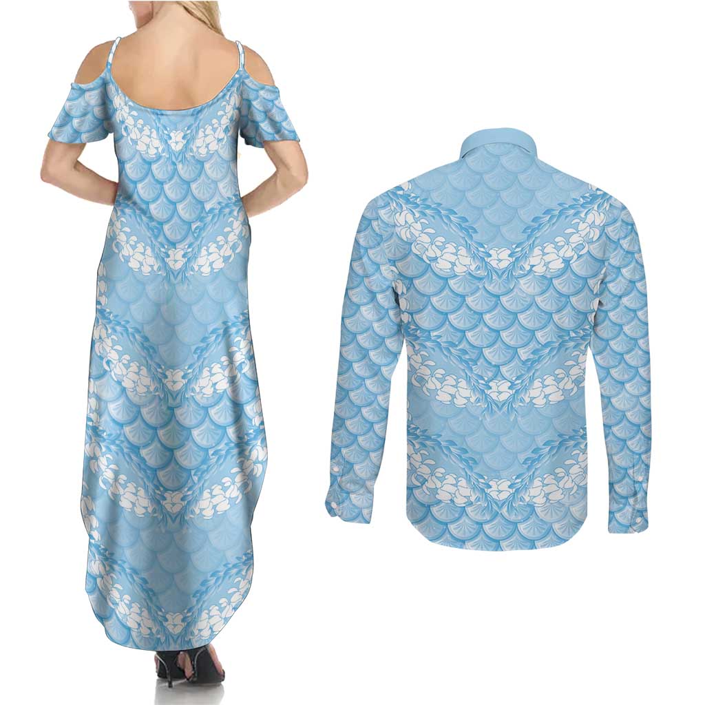 Baby Blue Mermaid Puakenikeni Maile Lei Couples Matching Summer Maxi Dress and Long Sleeve Button Shirt LT01 - Polynesian Pride