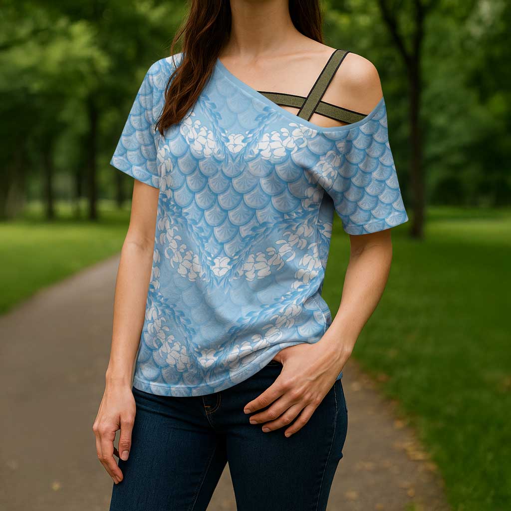 Baby Blue Mermaid Puakenikeni Maile Lei Cross Shoulder Shirt