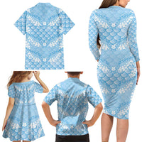 Baby Blue Mermaid Puakenikeni Maile Lei Family Matching Long Sleeve Bodycon Dress and Hawaiian Shirt LT01 - Polynesian Pride