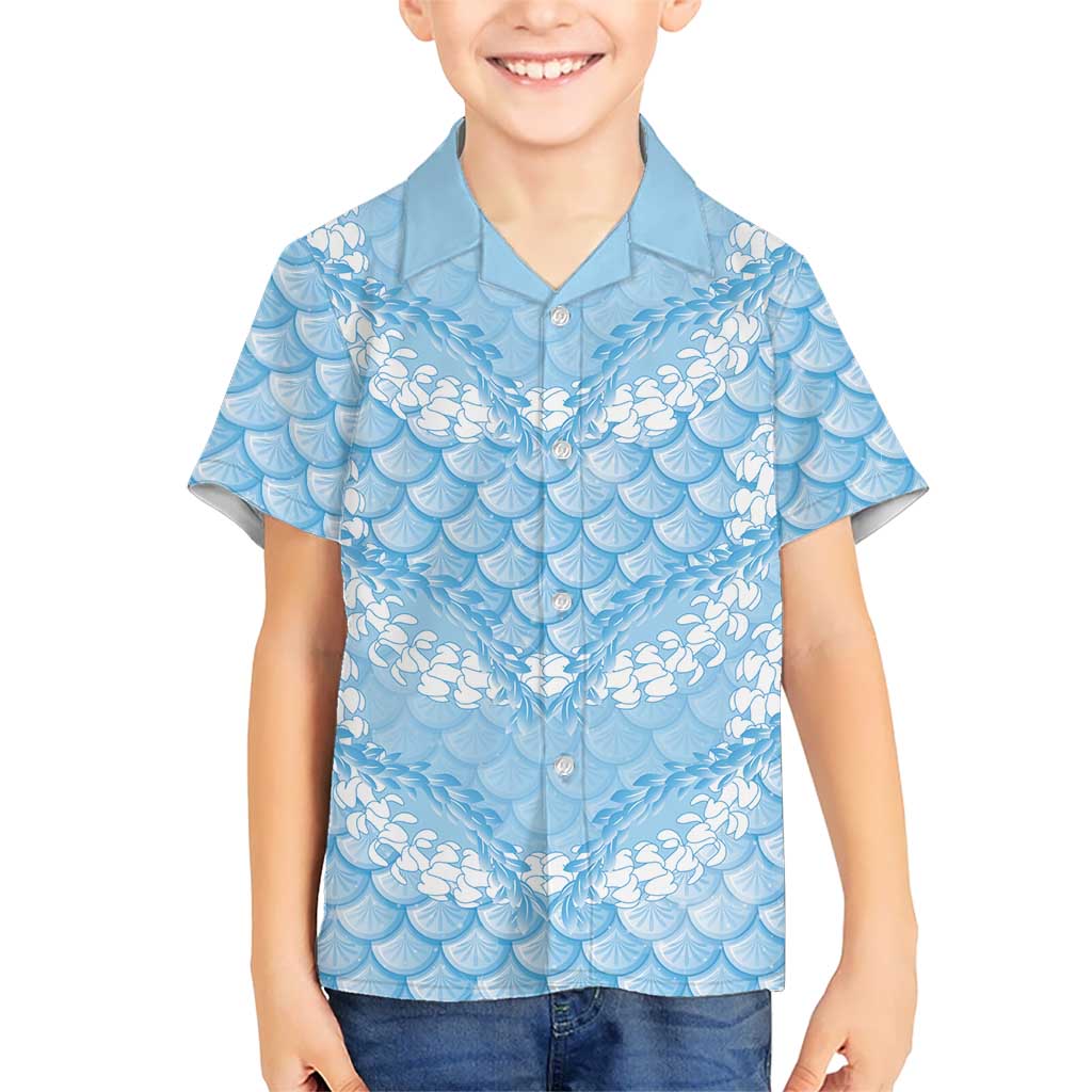 Baby Blue Mermaid Puakenikeni Maile Lei Family Matching Long Sleeve Bodycon Dress and Hawaiian Shirt LT01 Son's Shirt Blue - Polynesian Pride