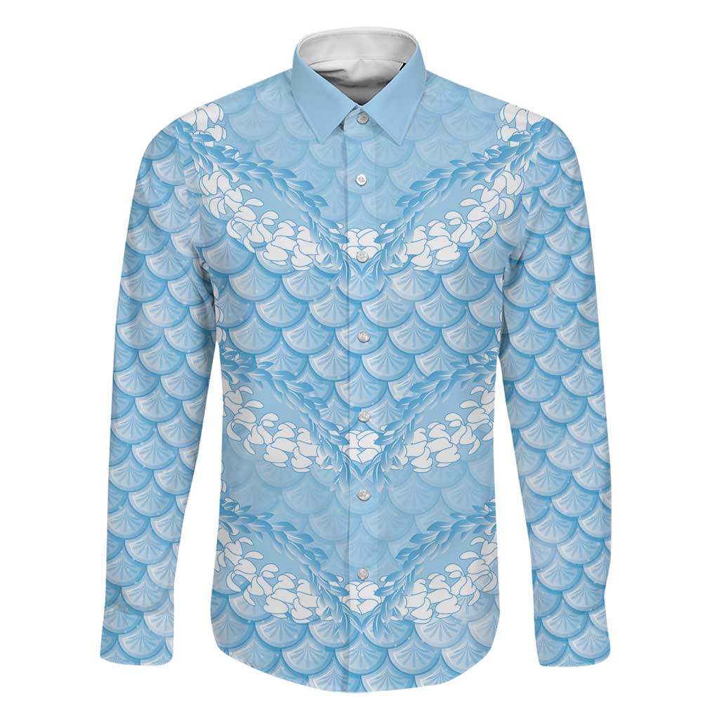 Baby Blue Mermaid Puakenikeni Maile Lei Family Matching Off Shoulder Short Dress and Hawaiian Shirt LT01 Dad's Shirt - Long Sleeve Blue - Polynesian Pride