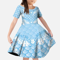 Baby Blue Mermaid Puakenikeni Maile Lei Family Matching Short Sleeve Bodycon Dress and Hawaiian Shirt LT01 Daughter's Dress Blue - Polynesian Pride
