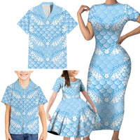 Baby Blue Mermaid Puakenikeni Maile Lei Family Matching Short Sleeve Bodycon Dress and Hawaiian Shirt LT01 - Polynesian Pride