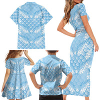 Baby Blue Mermaid Puakenikeni Maile Lei Family Matching Short Sleeve Bodycon Dress and Hawaiian Shirt LT01 - Polynesian Pride