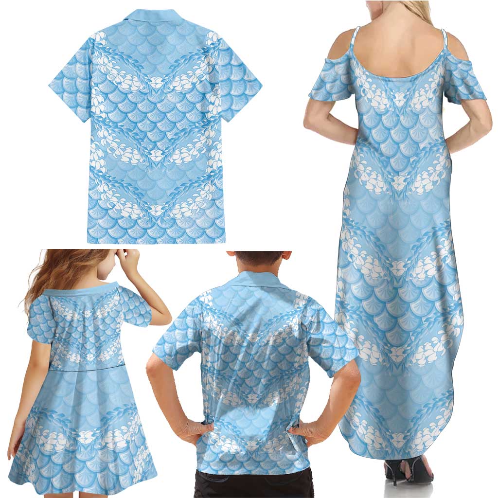 Baby Blue Mermaid Puakenikeni Maile Lei Family Matching Summer Maxi Dress and Hawaiian Shirt LT01 - Polynesian Pride
