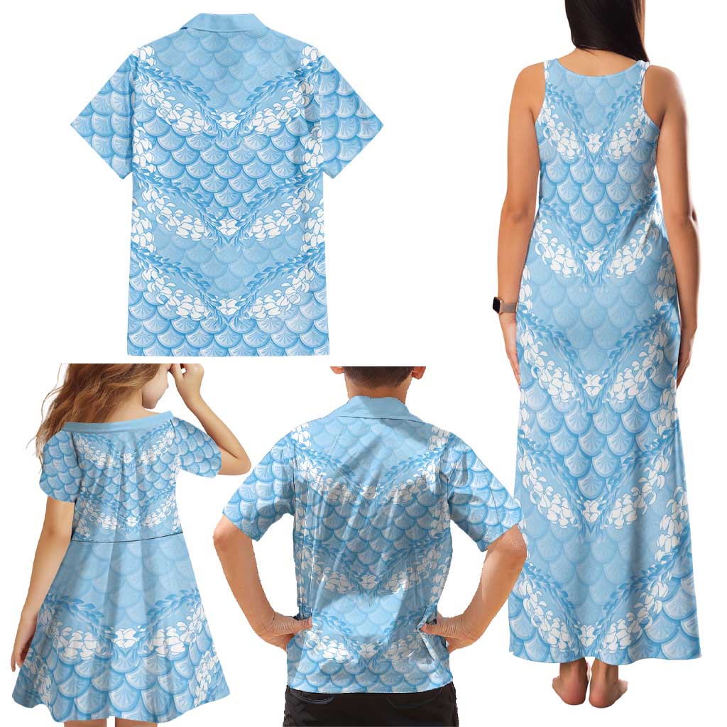 Baby Blue Mermaid Puakenikeni Maile Lei Family Matching Tank Maxi Dress and Hawaiian Shirt LT01 - Polynesian Pride