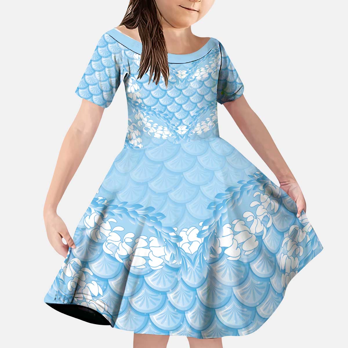 Baby Blue Mermaid Puakenikeni Maile Lei Kid Short Sleeve Dress