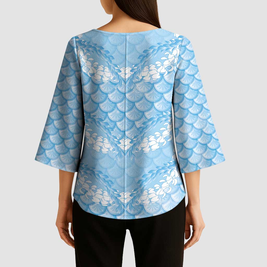 Baby Blue Mermaid Puakenikeni Maile Lei Kimono Sleeve Blouse LT01 - Polynesian Pride