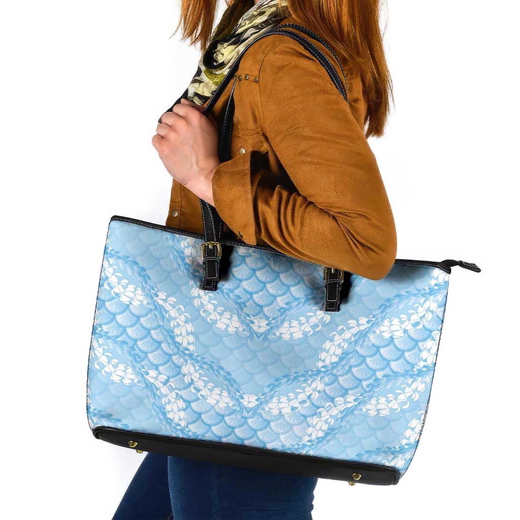 Baby Blue Mermaid Puakenikeni Maile Lei Leather Tote Bag