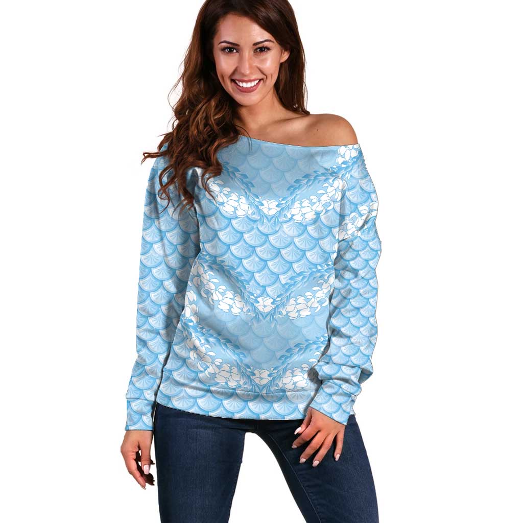 Baby Blue Mermaid Puakenikeni Maile Lei Off Shoulder Sweater LT01 Women Blue - Polynesian Pride