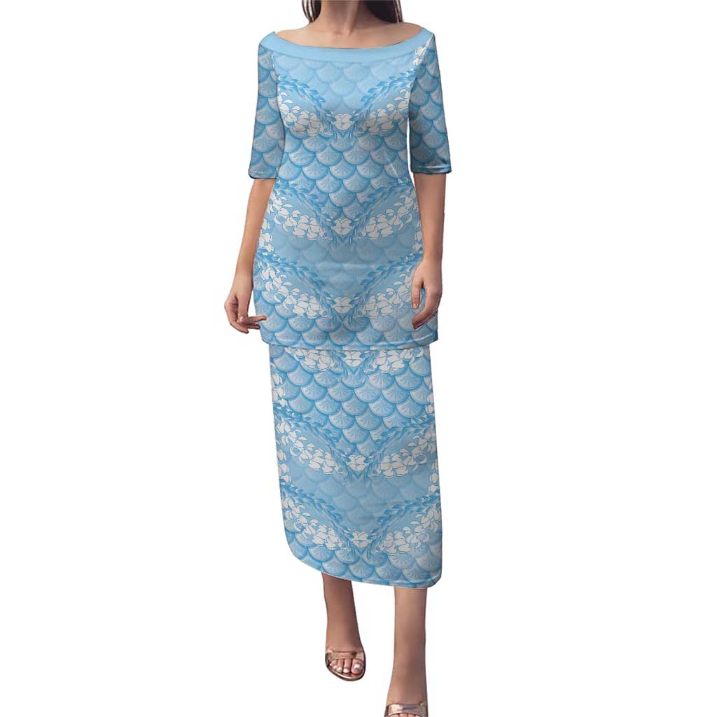 Baby Blue Mermaid Puakenikeni Maile Lei Puletasi LT01 Long Dress Blue - Polynesian Pride