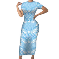 Baby Blue Mermaid Puakenikeni Maile Lei Short Sleeve Bodycon Dress LT01 Long Dress Blue - Polynesian Pride