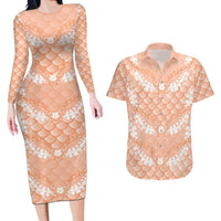 Apricot Mermaid Puakenikeni Maile Lei Couples Matching Long Sleeve Bodycon Dress and Hawaiian Shirt