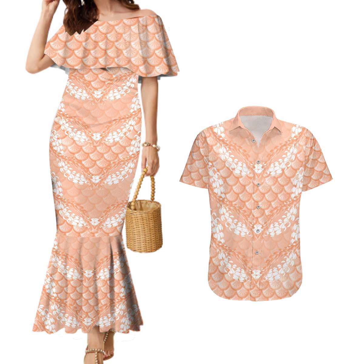 Apricot Mermaid Puakenikeni Maile Lei Couples Matching Mermaid Dress and Hawaiian Shirt