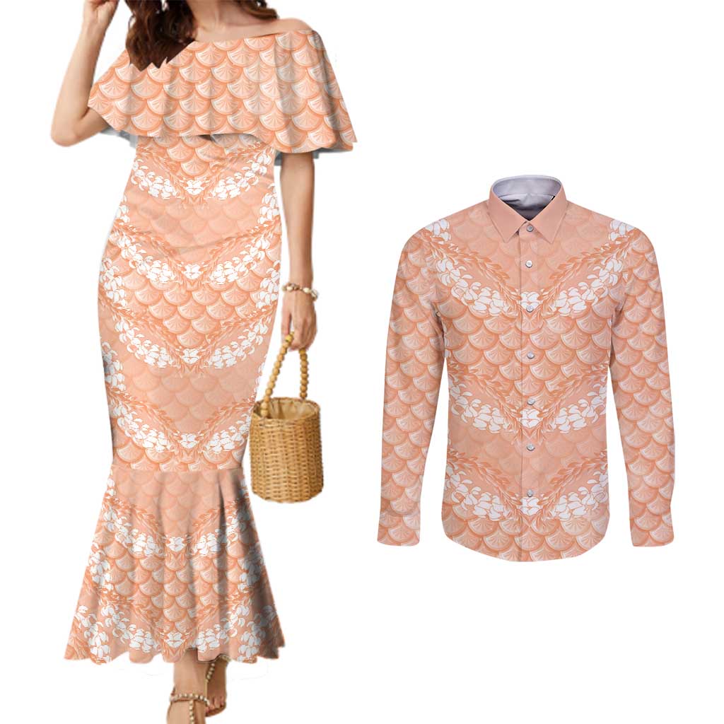 Apricot Mermaid Puakenikeni Maile Lei Couples Matching Mermaid Dress and Long Sleeve Button Shirt LT01 Apricot - Polynesian Pride