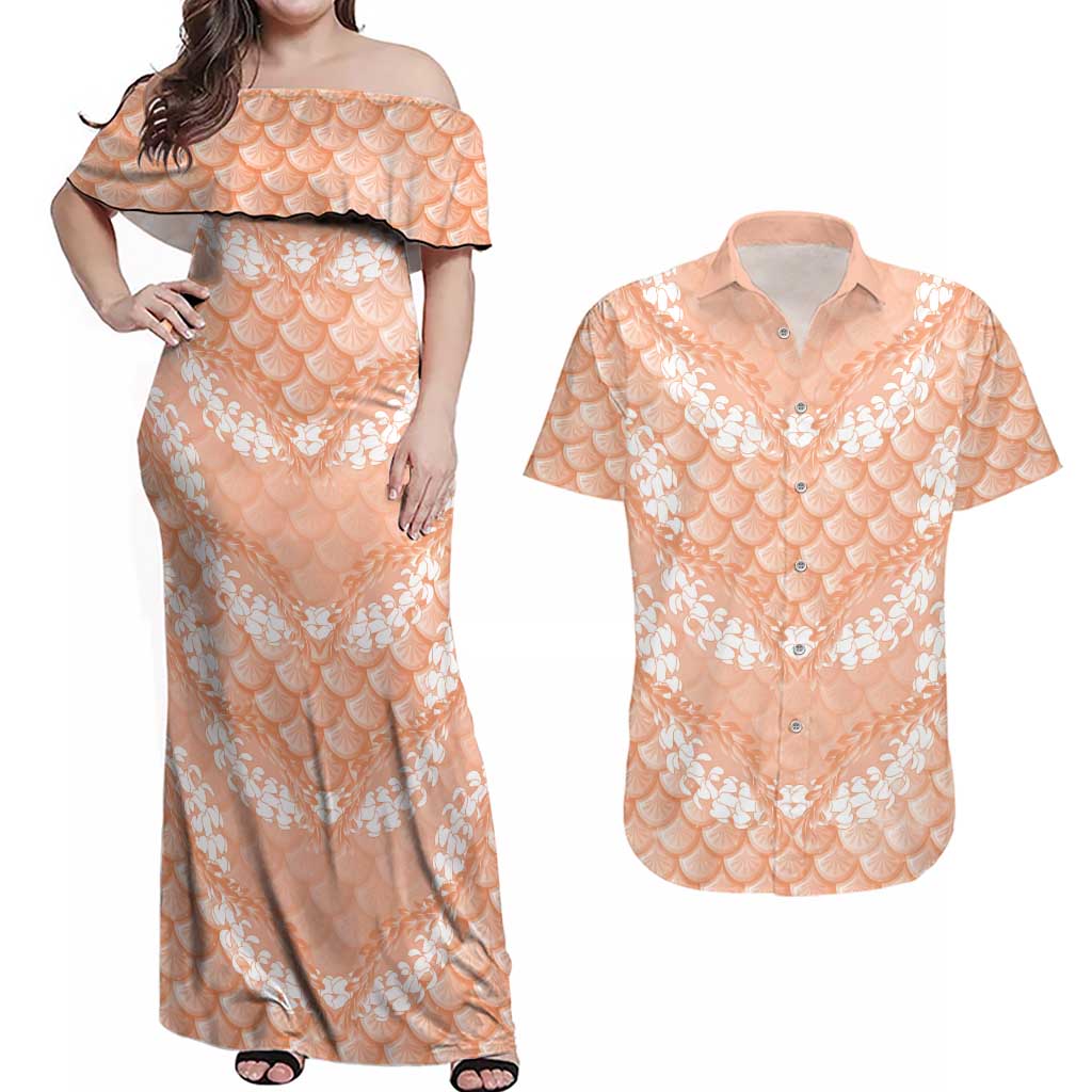 Apricot Mermaid Puakenikeni Maile Lei Couples Matching Off Shoulder Maxi Dress and Hawaiian Shirt LT01 Apricot - Polynesian Pride