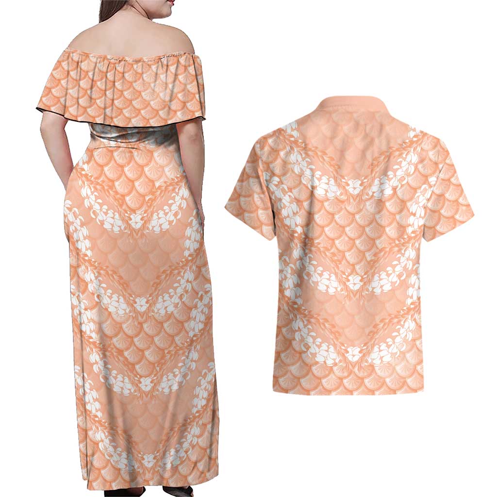 Apricot Mermaid Puakenikeni Maile Lei Couples Matching Off Shoulder Maxi Dress and Hawaiian Shirt LT01 - Polynesian Pride